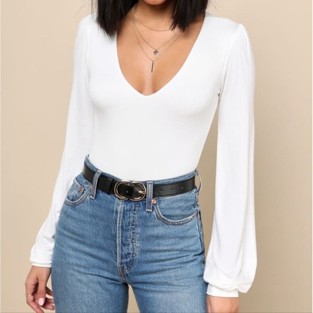 Lulus Bodycon Long Balloon Sleeve V-neck Thong Bodysuit, XS, Ivory White